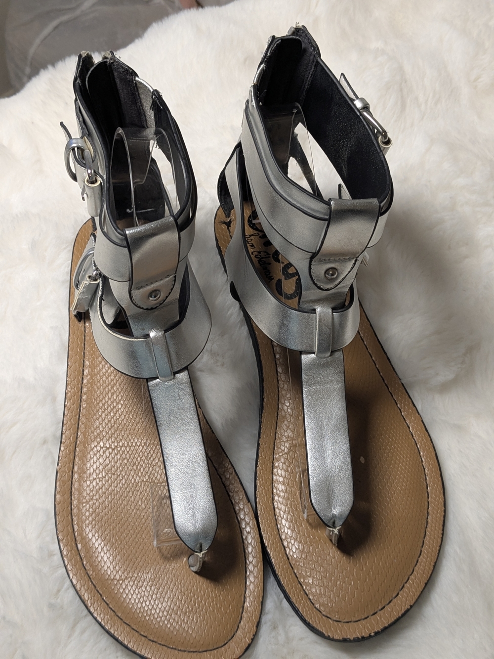 Circus by Sam Edelman Silver Gladiator Sandals T Strap Ankle Strap Zip Size 9